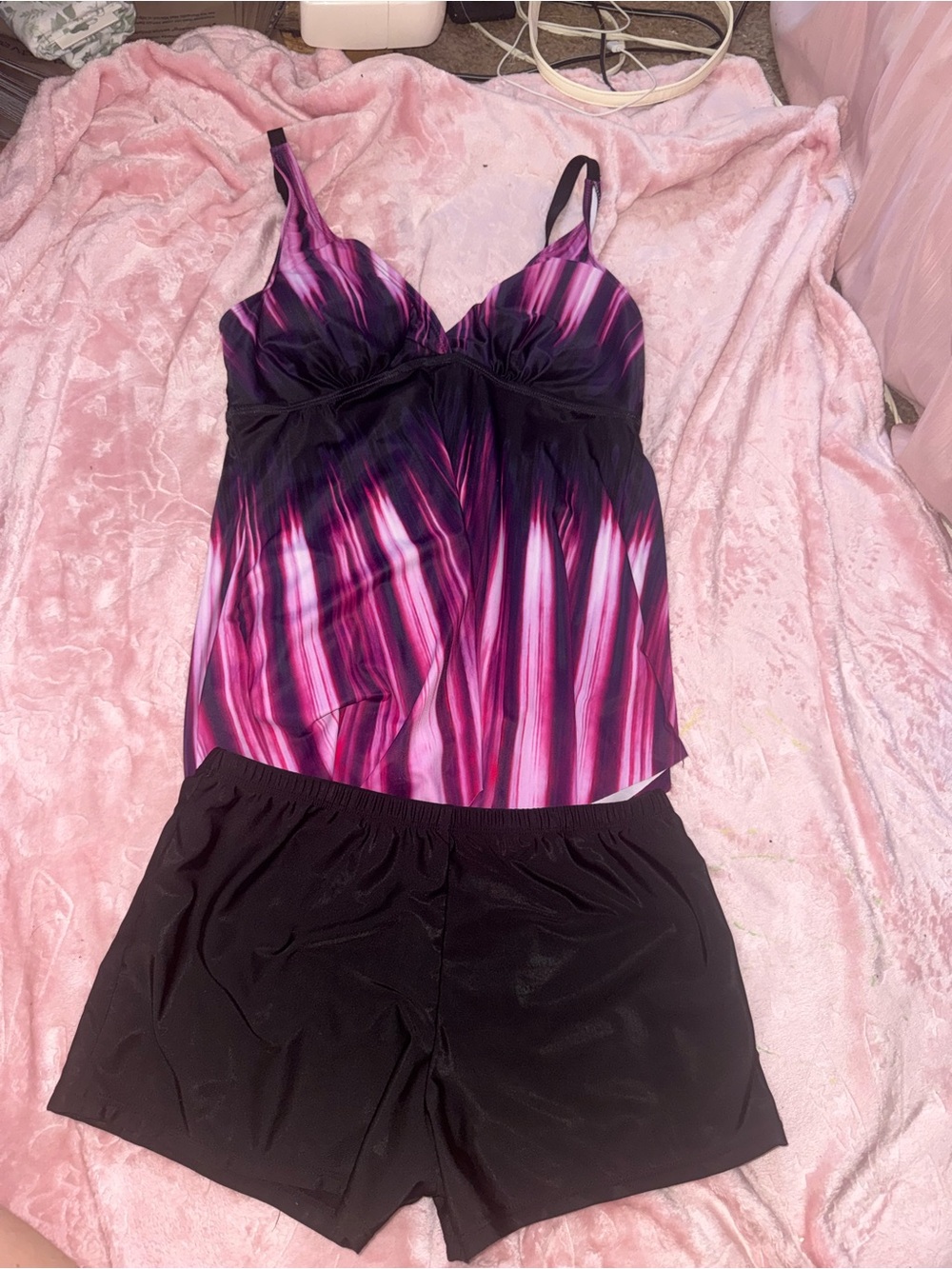 Pink & Black Tankini Bikini Set with Black Swim Shorts